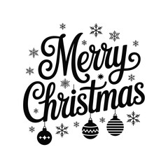 Merry christmas festive typography design with ornaments and snowflakes for holiday apparel