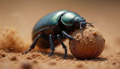 Naklejka premium Dung beetle rolls large ball of manure across dry earth. Small insect works hard on dusty ground, focused on task. Macro view shows textured legs and shiny carapace.