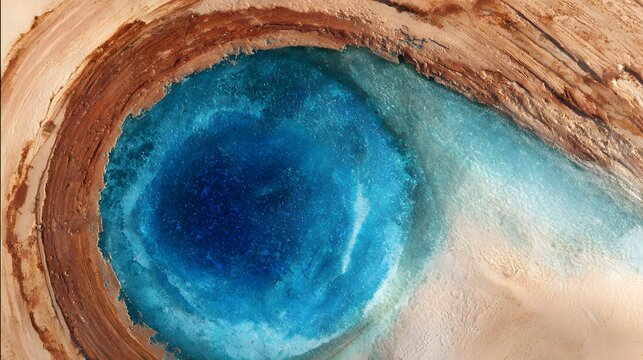 Vivid aerial perspective displays a natural abstract composition, featuring a captivating circular water body, surrounded by textured brown and sandy-colored earth materials and creating a unique...
