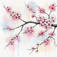 Cherry blossom branch watercolor illustration