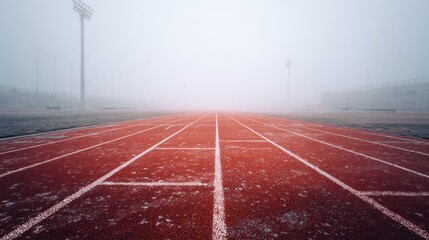 Red Running Track Vanishing into Fog, Atmospheric Perspective, Cold Weather.