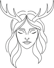 Minimalist Continous line drawing Line Art Woman Face with Antlers Closed Eyes vector