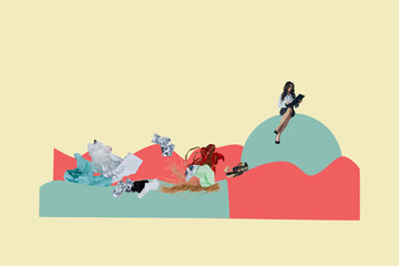 Modern earth day collage showing hills of trash highlighting pollution recycling plastic usage volunteering responsible planet attitude