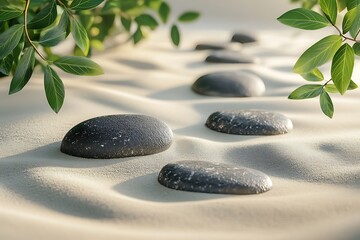 A serene path of smooth, dark stones leading through soft, sunlit sand, bordered by vibrant green leaves, inviting peaceful reflection and tranquility.