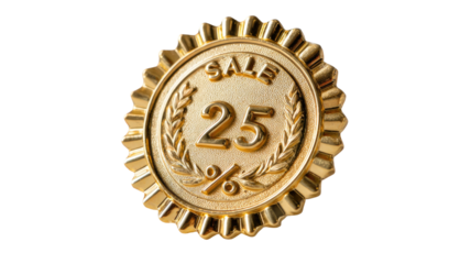 A shiny gold badge featuring the word “SALE” with a bold number, luxurious design on white background
