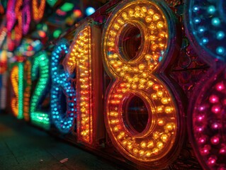 Naklejka premium Illuminated 2018 Neon Sign - Vibrant Colors, Festive Celebration, Close-Up View.