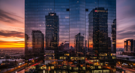 Cityscape reflection at sunset