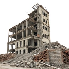 Ruin of Concrete Building Demolished Structure on Rubble Heap, Destruction, Abandoned