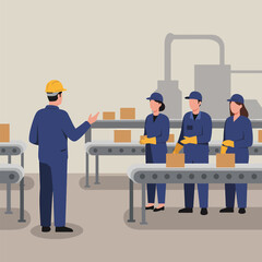 Factory workers on a conveyor belt with boxes.