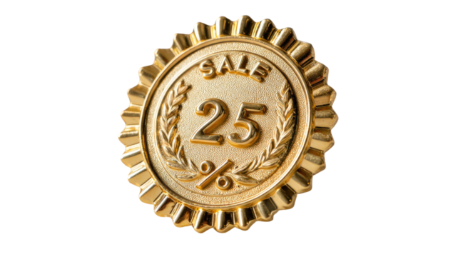 A shiny gold badge featuring the word “SALE” with a bold number, luxurious design on white background

