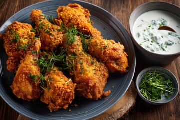 Fried chicken drumsticks with dip.