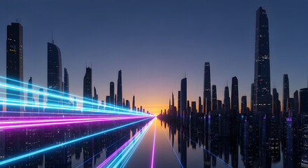 Cityscape with digital light trails at sunset