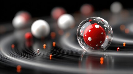 Stunning red sphere encapsulated in a clear protective bubble, surrounded by dynamic swirling elements, symbolizing scientific breakthrough and advanced technology.