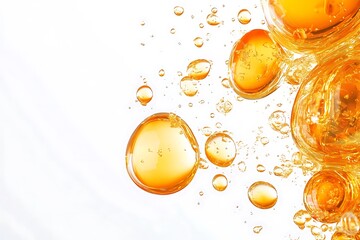 Golden orbs dancing in a vibrant, effervescent flow against a bright white backdrop.