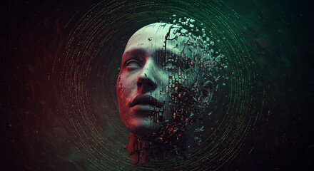 Captivating digital human face disintegrating into futuristic binary code, symbolizing AI evolution and technological singularity.