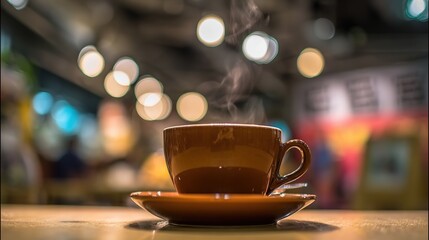 Obraz premium pause. A close-up view of a coffee cup with steam rising, set against a blurred, cozy backdrop. bar promotions, beverage menus, designed for food & beverage menus and cafe branding.