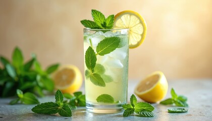 Fototapeta premium Glass of refreshing minty drink with ice, lemon slice and mint leaves on top. Fresh mint leaves scattered around glass on a table. Lemons in the background.