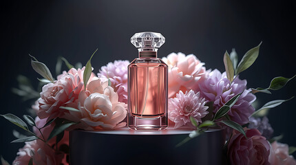 Photorealistic luxury perfume concept with a glass bottle centered on a pedestal, surrounded by blooming pastel flowers and soft green leaves. Elegant cinematic lighting creates a refined, dreamy, and