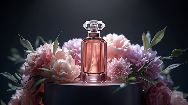 Photorealistic luxury perfume concept with a glass bottle centered on a pedestal, surrounded by blooming pastel flowers and soft green leaves. Elegant cinematic lighting creates a refined, dreamy, and