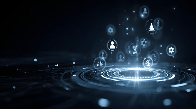 Emerging from a glowing circular platform, illuminated digital icons representing various technological and human elements float in a dark, futuristic environment, with bright light emanating from...