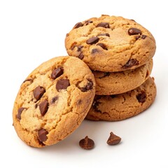Stack of Golden Chocolate Chip Cookies on White, Bakery , Dessert