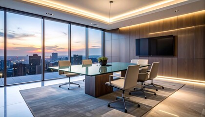 Fototapeta premium Modern office space featuring a panoramic city view during sunset, showcasing a large glass table surrounded by stylish chairs, a contemporary design with wood paneling, and integrated lighting.
