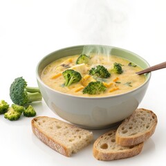 Steaming Broccoli Cheese Soup with Bread on White, Comfort Food ,Vegetarian