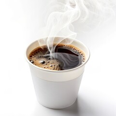 Steaming Hot Black Coffee in White Paper Cup, morning , caffeine