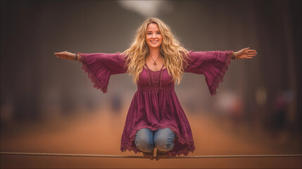 Young woman gracefully tightrope walks in soft light at a lively event