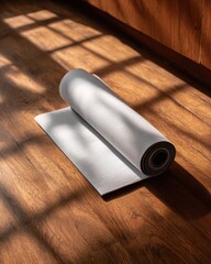 Rolled Yoga Mat Bathed in Warm Sunlight on Polished Wooden Floor.