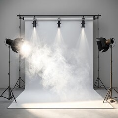 Studio Setup with Lights and Smoke Effect on White Backdrop, photography ,backdrop