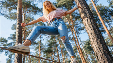 Balancing gracefully on a rope in a sunlit forest surrounded by tall trees