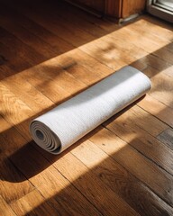 Rolled Yoga Mat on Sunny Hardwood Floor with Dramatic Shadows, Wellness  Mindfulness.