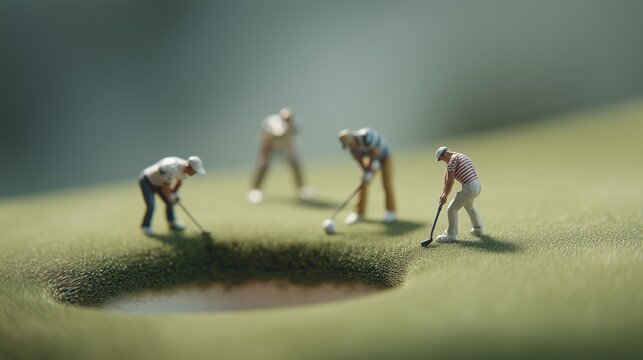 Golfers concentrate as the golf ball rolls towards the hole, while one golfer aligns the golf ball with precision. Sunlight casts shadows on the golfers and the lush green.