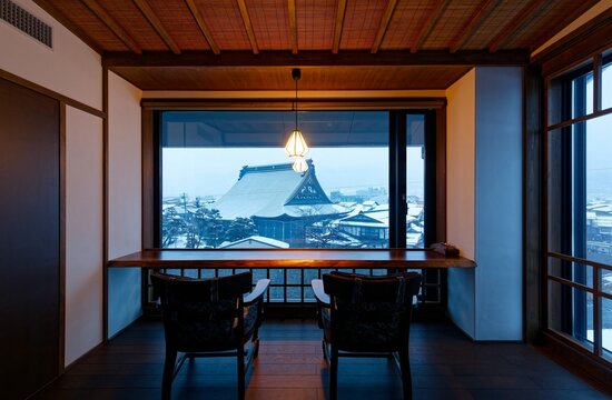 Serene Japanese room with wooden decor and warm lighting, overlooking the historic Zenkoji Temple in Nagano, Japan, framed by snow-covered rooftops in winter.