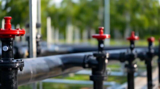 Industrial pipeline with red valve and black pipes