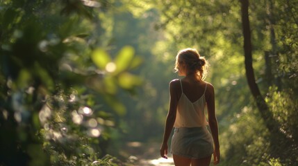 A woman walks along a sunlit path, surrounded by greenery, as the woman embraces the tranquility of the scene. The forest path invites the woman to explore nature's beauty.