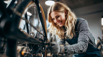 Smiling woman repairing a bicycle in a modern workshop filled with tools