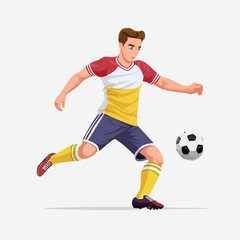 Obraz premium Dynamic Strike: A soccer player, caught mid-kick, embodies the passion and skill of the sport, with vector-perfect lines and a vivid palette, delivering a powerful display of athletic action.
