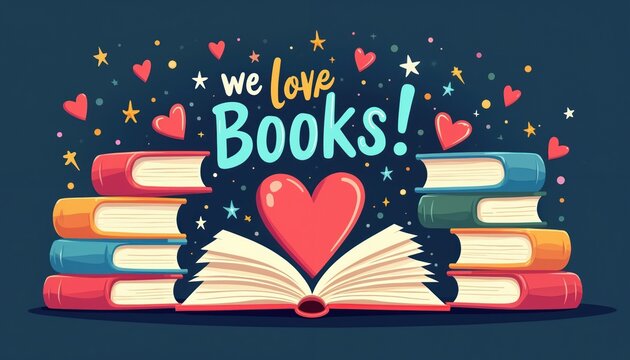 Colorful open book with heart and stacks of books surround by hearts and stars. The text we love Books. emphasizes passion for literature and reading, celebrating learning and imagination.