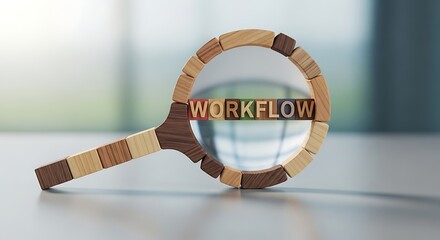 Workflow Process Optimization Magnifying Glass and Wooden Blocks Spelling the Word