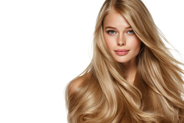 Close-up portrait of blonde woman with shiny wavy hair on white background.
