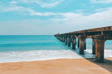 A serene coastal pier extending into a tranquil turquoise sea under a bright, sunny sky, casting long shadows on the golden sand.