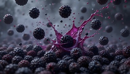 A splash of purple juice bursts amid a plethora of blackberries, some floating