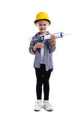 Choice of profession. Little girl in hard hat with caulking gun pretending to be builder on white background