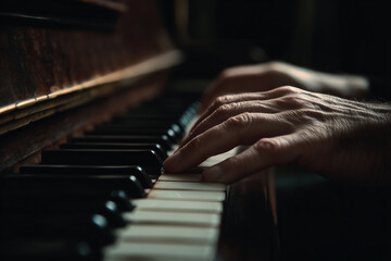 Obraz premium close up of hands playing piano, showcasing intricate details of keys and emotional connection to music. warm tones and soft lighting create inviting atmosphere