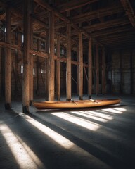 Rustic Wooden Kayak Resting in Sunlit Shafts of an Ancient Timber Barn.