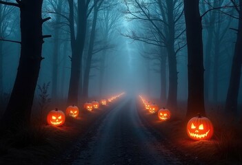 Dark forest with dense fog and glowing pumpkin lanterns lining a path, creating a spooky and magical Halloween atmosphere with copy space, ideal for seasonal ads, party invites, mystical designs, card