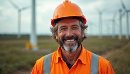 Smiling engineer in hardhat and uniform poses at wind farm. Male worker stands with confidence amid wind turbines. Renewable energy professional symbolizes green future at powerplant station.