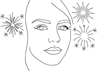 Minimalist Line Art Female Face With Sparkler Fireworks Celebration Continous line drawing